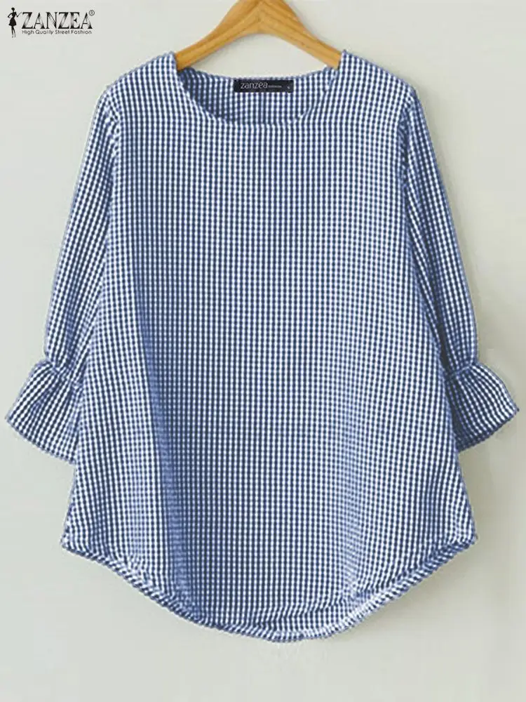

ZANZEA, женская клетчатая блузка с рюшами, осенние повседневные рубашки с рукавами 3/4, модные свободные элегантные офисные блузки в клетку, винтажные топы