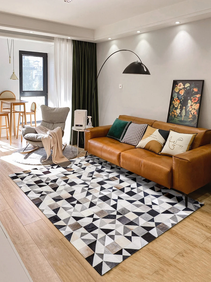 Minimalist Geometric Decoration Living Room Carpets Modern Grey Parlor Real Cowhide Handmade Carpet Large Customize Bedroom Play