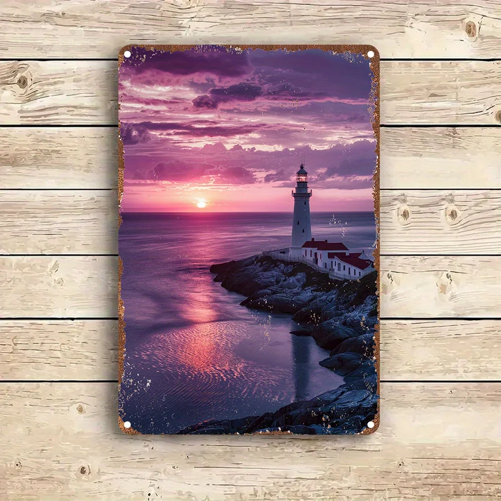 , Room Decoration  Vintage Lighthouse Sunset Metal Sign, Aluminum Wall Art Decoration, Rustic  Ocean Theme Plaque, Suitable for