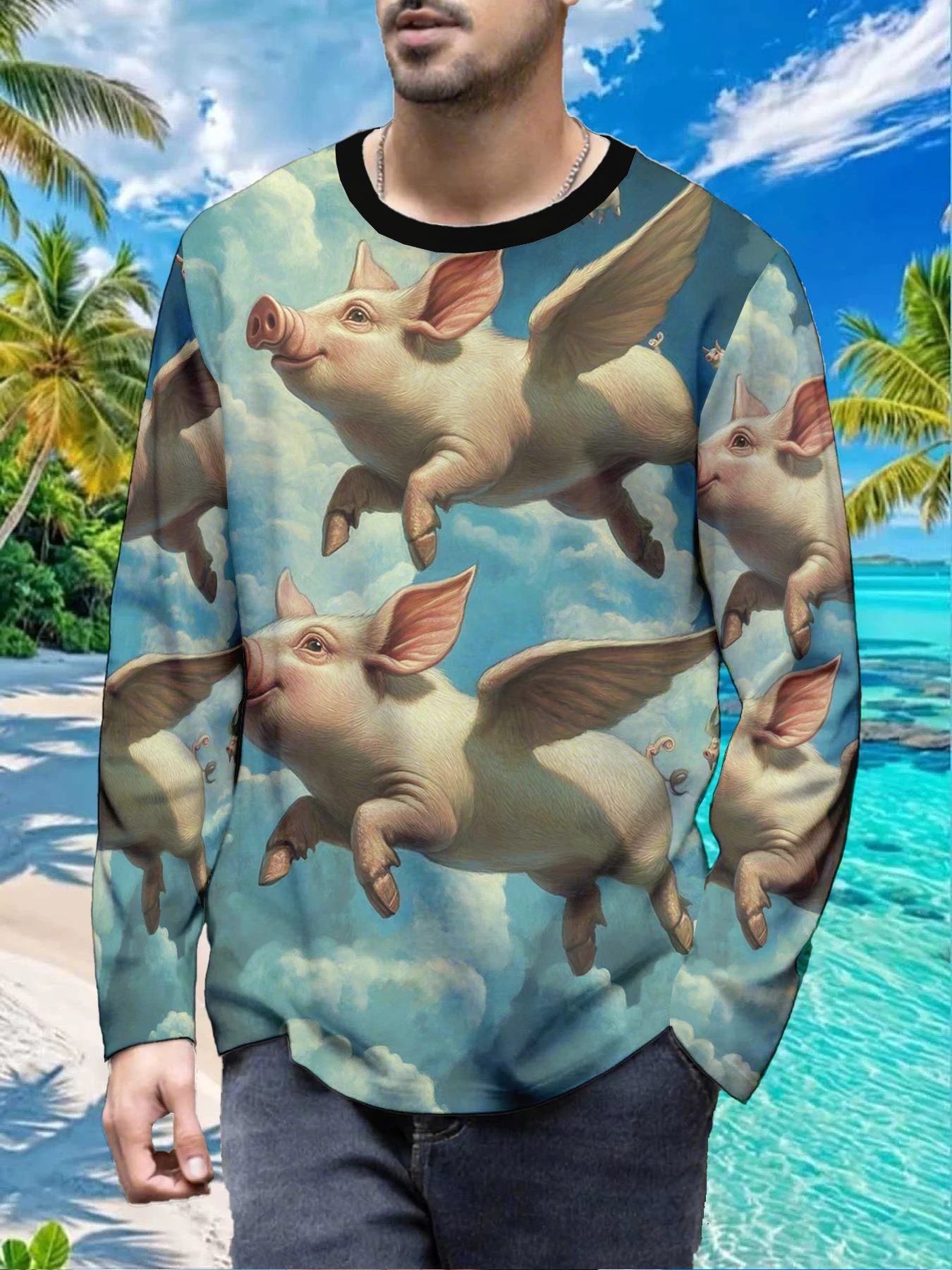 Funny Flying Pig Animal Cloud Art Mens Polyester Long Sleeve T Shirt Cute Whimsical Piggy Print Graphic Tee Casual Streetwear Vi