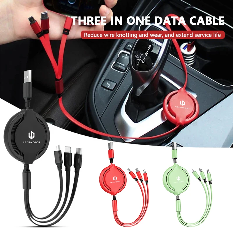 3 in 1 USB Charge Cable Type-C Micro USB Spliter Cord Fast Chargin For Leapmotor C01 C11 T03 S01 C11 C16 Reev 2022 2023 2024