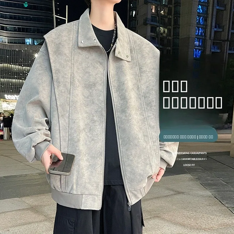 

Loose Men's PU Leather Jaet Spring Autumn Trendy Dyed Zipper Closure Long Sve Flip Collar Windproof Casual Outerwear