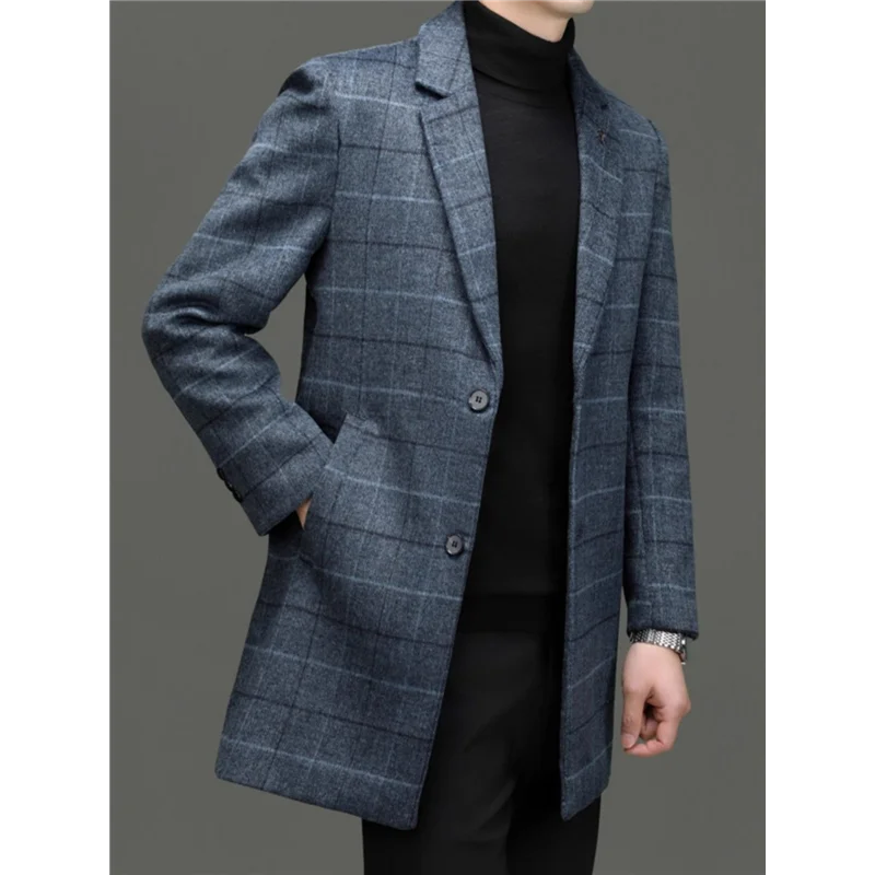 Men\'s Tweed Coat Spring Autumn Plaid Woolen Windbreaker Youth Mid-Length Casual Handsome High-End Jacket Male Model