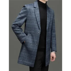 Men's Tweed Coat Spring Autumn Plaid Woolen Windbreaker Youth Mid-Length Casual Handsome High-End Jacket Male Model