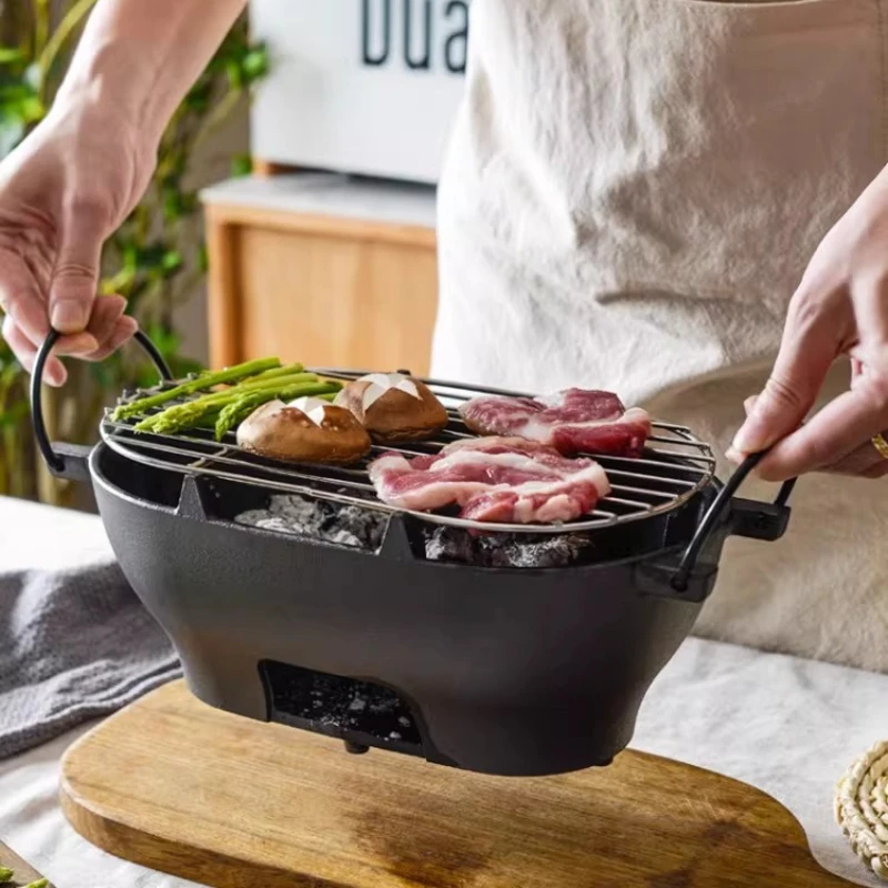 

Чугунный гриль с антипригарной овальной сковородой, портативной уличной плитой для барбекю и кемпинга, многофункциональный угольный гриль для заднего двора