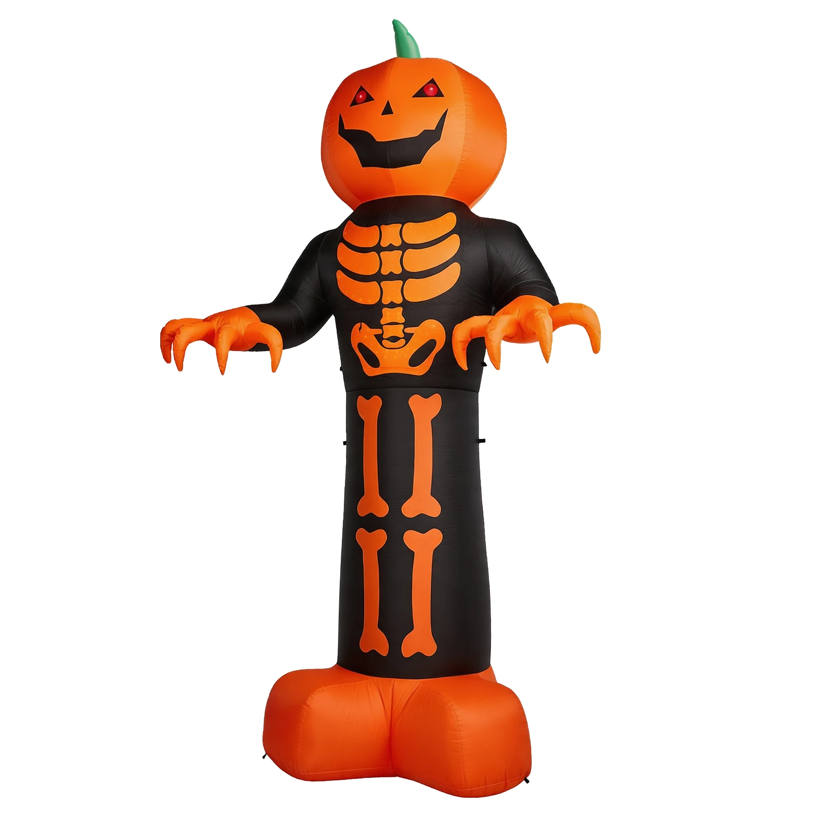 12ft Inflatable Halloween Decor with Skeleton Ribs, Pumpkin & Grim Reaper, 3 LED Lights + 115 Count String Lights, Black & Orange, 12V 2000mA US Power Adapter