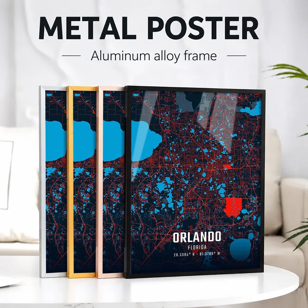 Orlando City Map Metal Poster With Aluminum Alloy Frame Personalized Photo Bold Landmark Style Wall Art For Study Explorer Gift