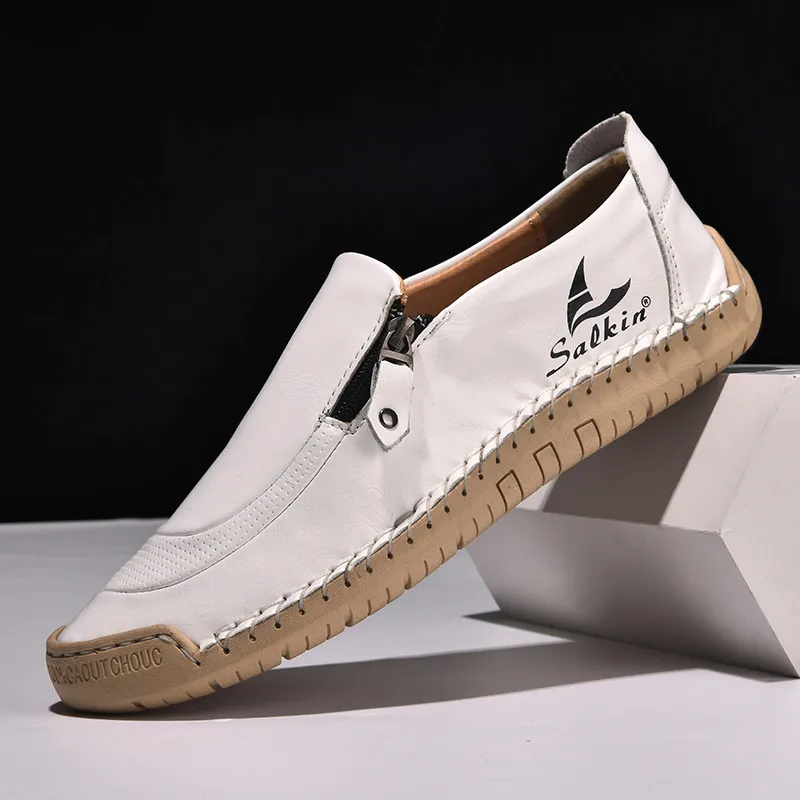 

White Leather Men Shoes Large Size 48 Business Casual Slip-on Shoes For Man Handmade Sewing Men's Flat Shoes zapatos para hombre