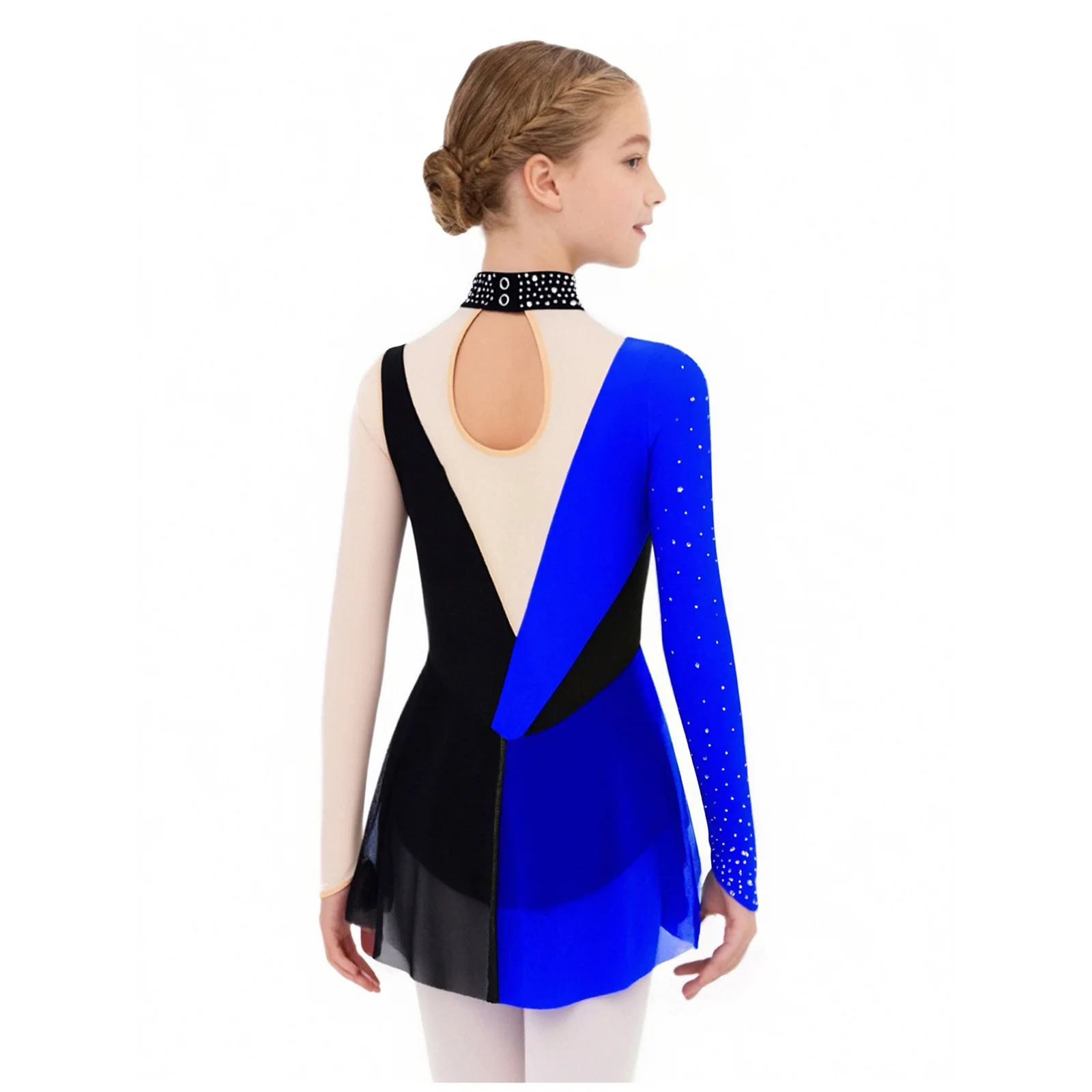 Kids Girls Figure Skating Dress Long Sleeve Rhinestone Sheer Mesh Gymnastics Bodysuit Lyrical Dance Ballet Acrobatics Leotard
