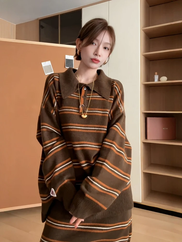 Women's Retro Striped  Neck Knitwear Skirt Set Long Sleeve Mid-Length Fashionable Autumn Outfit Two-Piece Ensemble