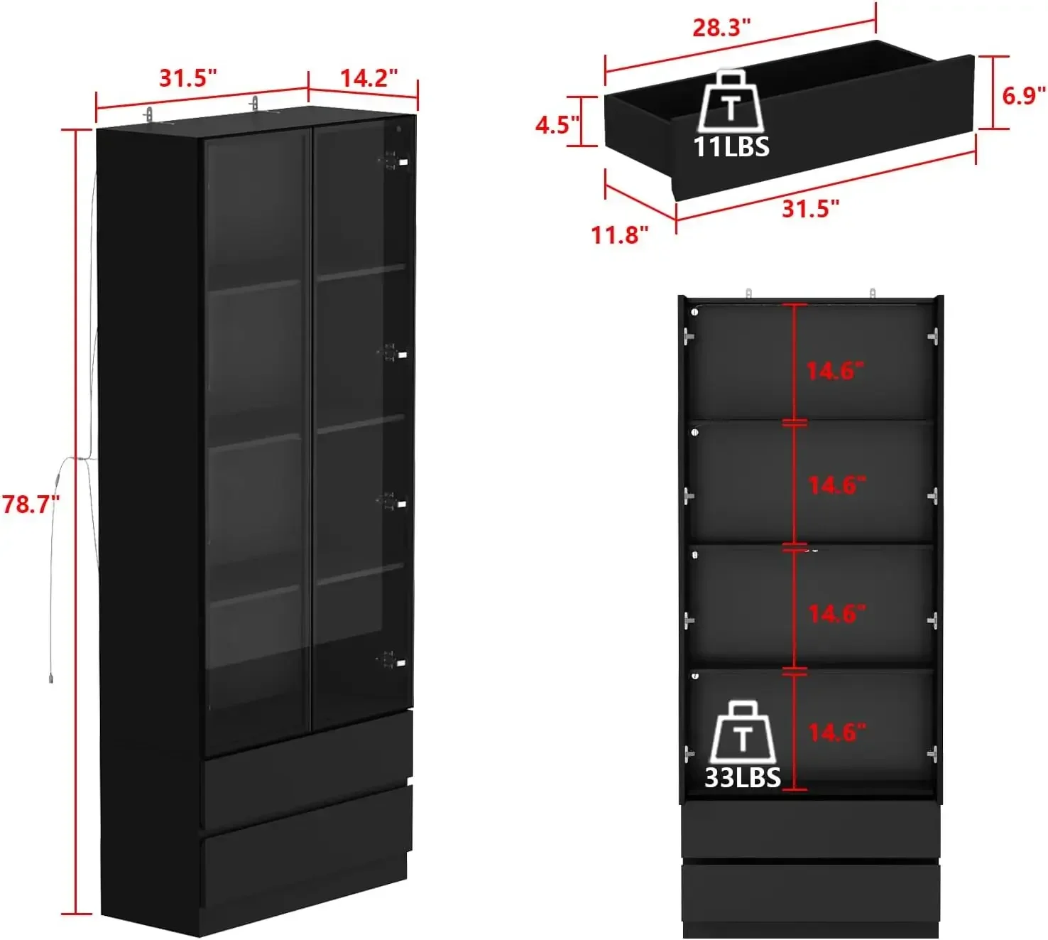 Bookcase Bookshelf with 4-Tier Shelves, Glass Doors, Drawers and LED Lights, Wooden Display Storage Cabinet for Home Office