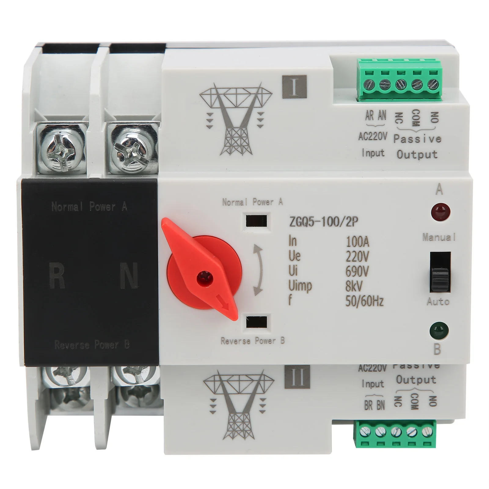 220V Dual Power Automatic Transfer Switch Uninterrupted 2 Way Controller ZGQ5-100/2P