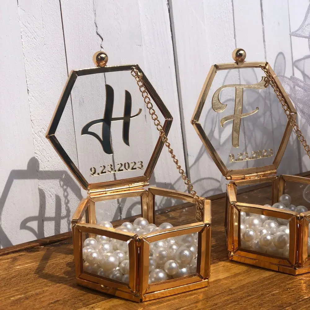 شخصية سداسية الزجاج خاتم صندوق رومانسية العروس والعريس خاتم الذهب حالة حفل زفاف المشاركة ديكور DIY زهرة موس