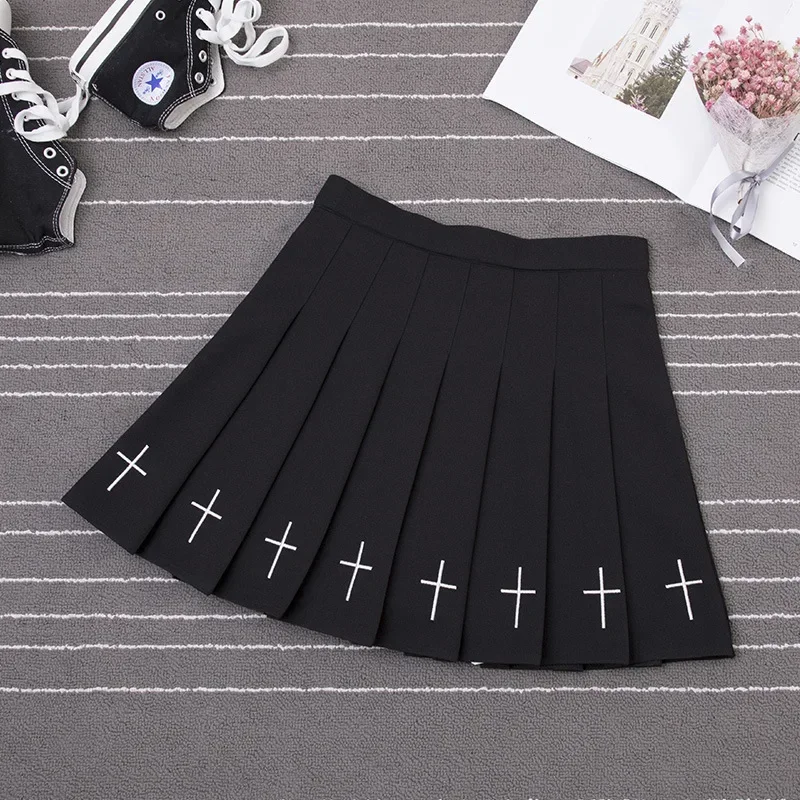 Wanita Harajuku Manis Perasaan Segar High Waist Lipit Rok Pinggang Elastis Cross Bordir Rok Lipit Rok