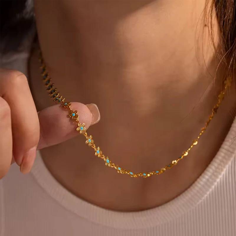 ASONSTEEL Bohemia Blue Dripping Oil Flowers Chain Necklace Waterproof Gold Plated  Stainless Steel Party Creative Jewelry Gift
