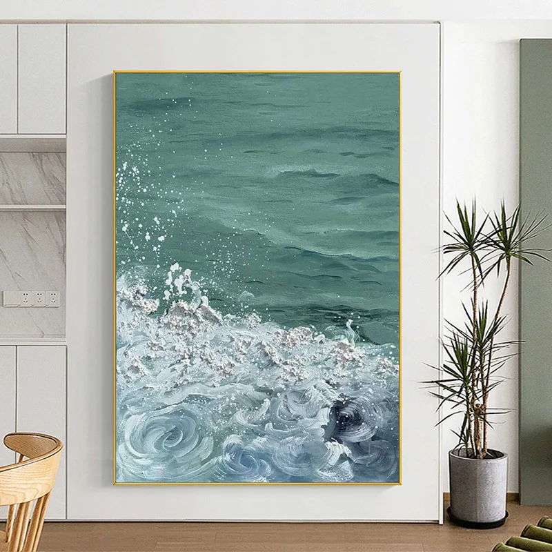 

Green Coastal Wall Art Ocean Landscape Painting Abstract Beach Blue Seascape Poster Canvas Prints Texture Sea Wave Room Decor