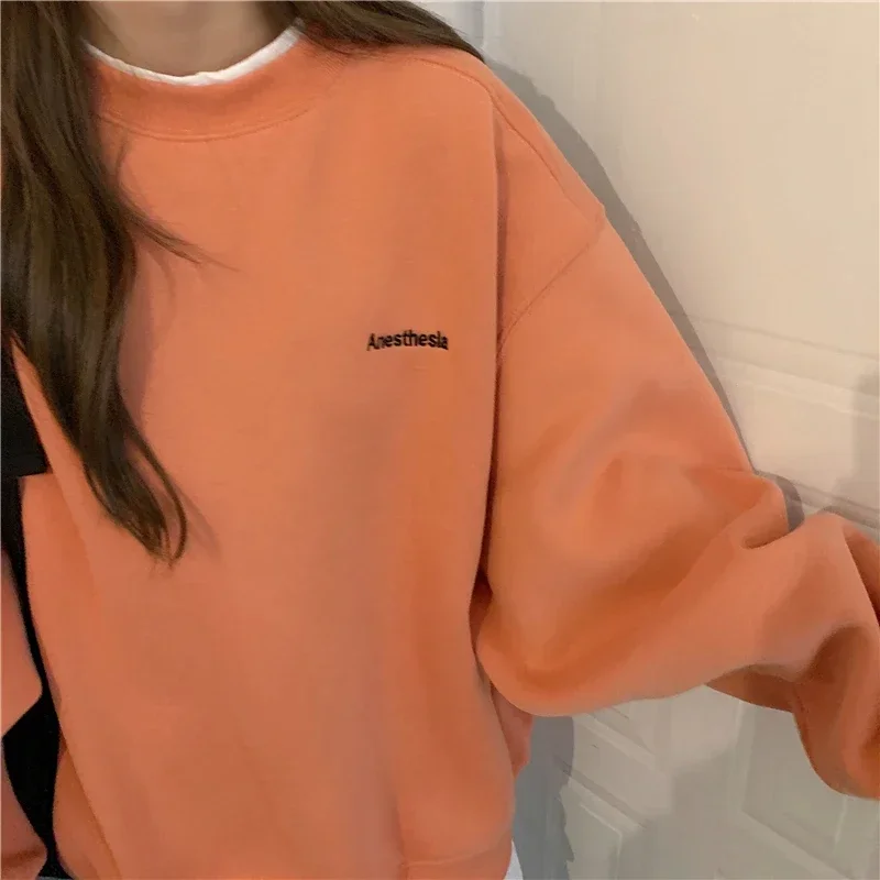 Orange Gray Sweatshirt Women M-XL Fake Two Piece Oversized Hoodie Female Loose Korean Fleece Letter Embroidery 2024 Streetwear