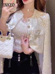 Stylish Sweet Women Sequined jacket Spring autumn Long sleeve Rhinestone buttons crop blazer coat White Pink Korean INKEO 3O267