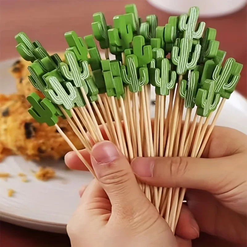 

100pcs Cactus Design Fork, Creative Snacks Picks And Dessert Forks, Bamboo Fruit Picks, Party Supplies, Kitchen Supplies