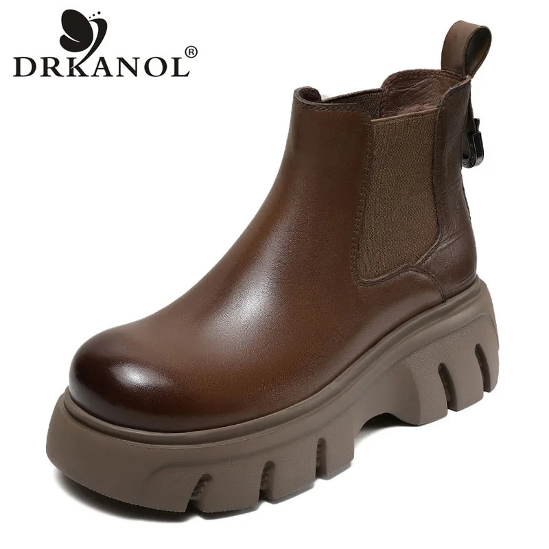 DRKANOL Handmade Retro Genuine Leather Ankle Boots For Women Wide Head Design Elastic Band Wedges Platform Warm Winter Boots