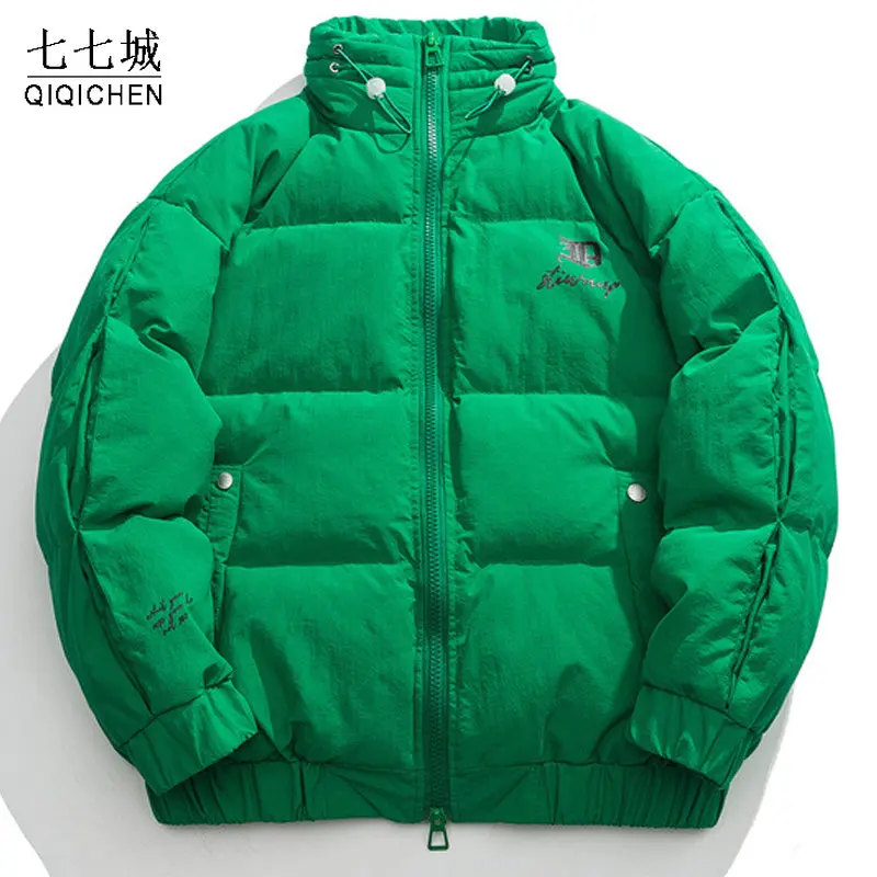 Winter Green Warm Padded Cotton Jacket Men Stand Collar Parka Women Streetwear Fashion Hip Hop Thick Puffer Thicken Casual Coat