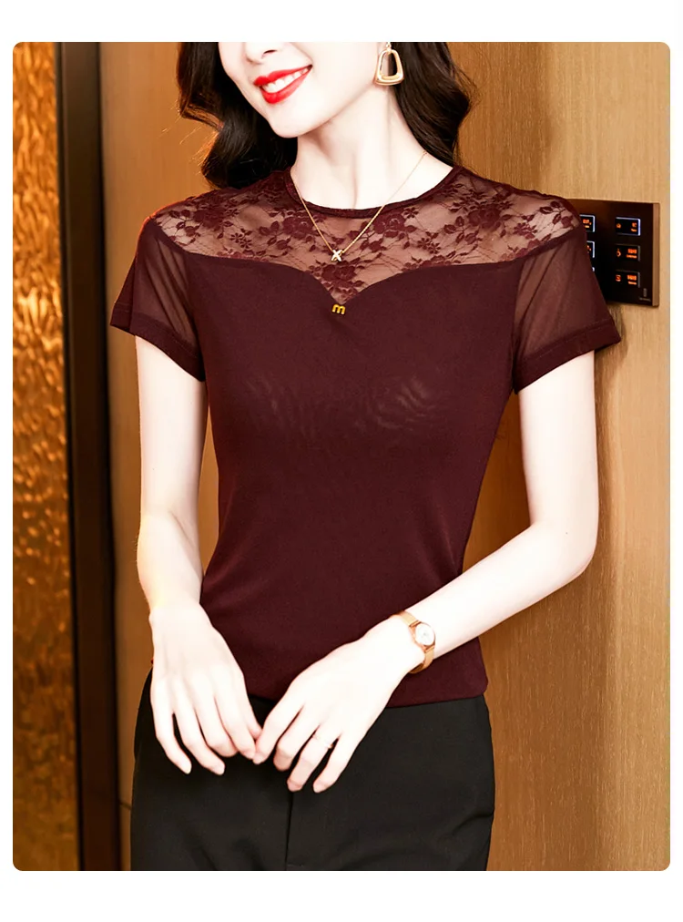 Новое поступление 2025 года, привлекательная однотонная женская футболка, весна-лето, женские топы с короткими рукавами, футболка с круглым вырезом, очаровательное прозрачное кружево, тонкое Новое поступление 2025 года, привлекательная однотонная женская футболка, весна-лето, женские топы с короткими рукавами, футболка с круглым вырезом, очаровательное прозрачное кружево, тонкое