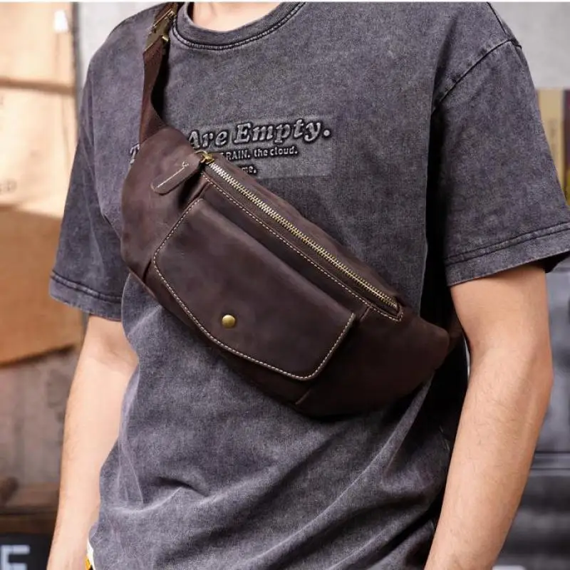 

PNDME casual vintage high-quality genuine leather men chest bag outdoor sports party handmade crazy horse cowhide crossbody bag