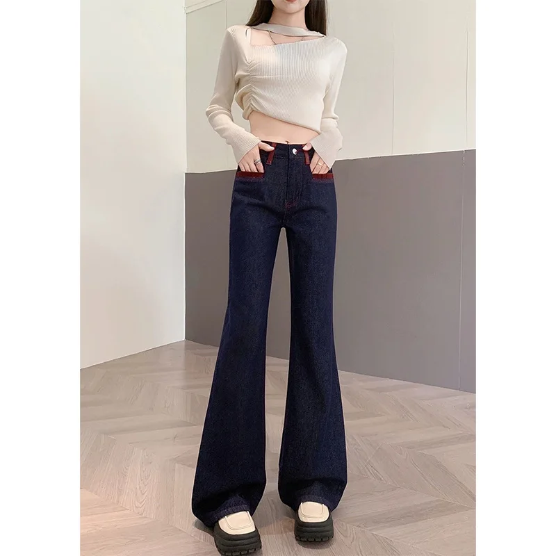 Y2K Micro Flared Jeans Women Deep Blue Patchwork High Waist Contrast Floor Pants Autumn