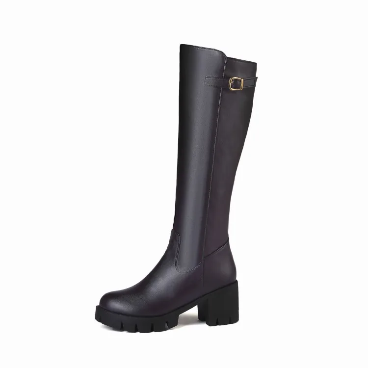 Big Size 11 12 13 14 15 Simple side zipper rider boot with middle heel Lady's high boots with thick square heels