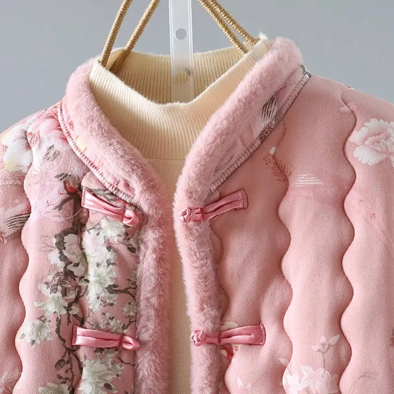 New Chinese Style Retro Buttoned Cotton Jacket For Women In Autumn Winter 2024 Fashion Clothing Stand Collar Quilted Coat A496