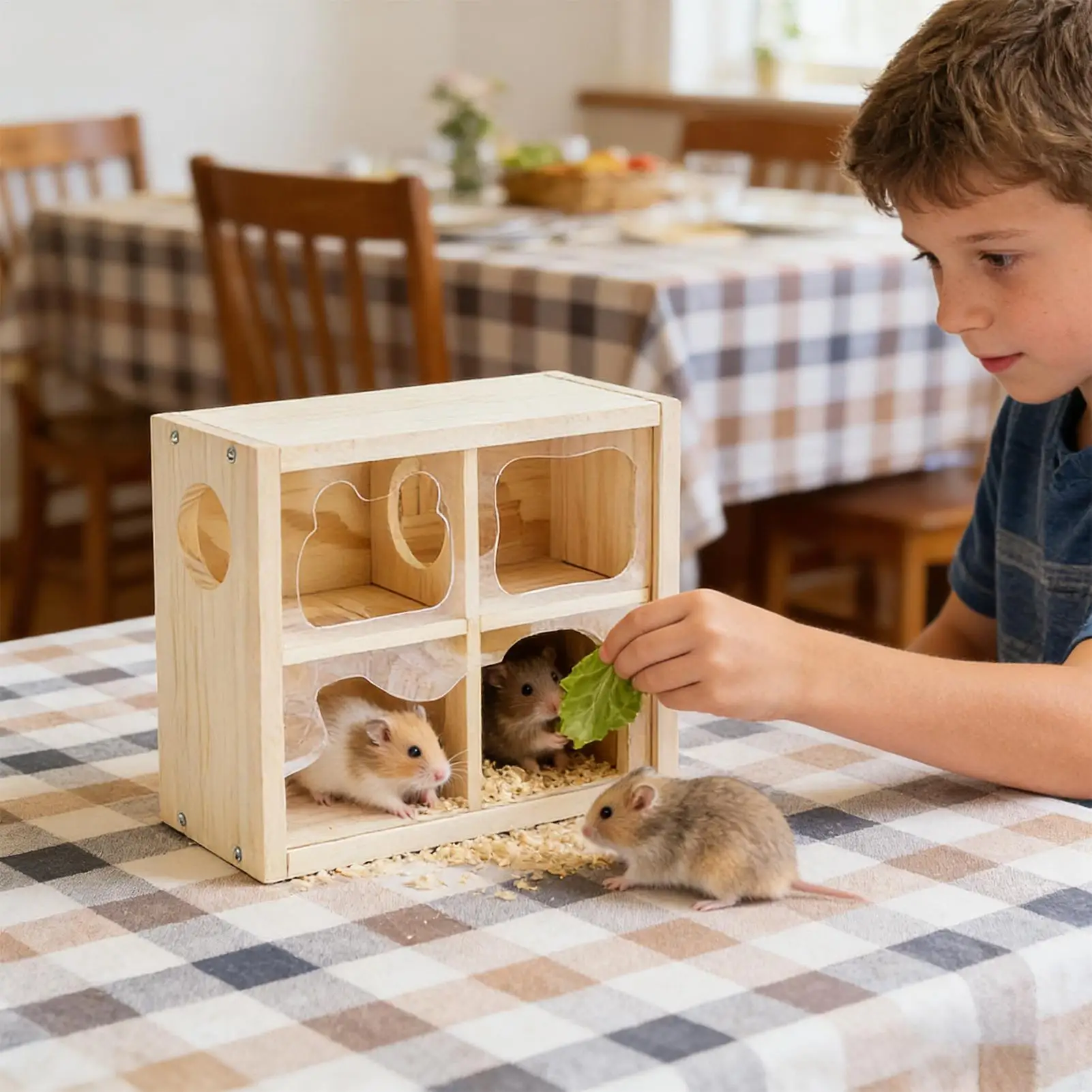 Mouse Habitat Wooden Multi-Chamber Enrichment Cabin Dwarf Hamster Home Mouse Habitat for Enclosure Climbing Running Play Small
