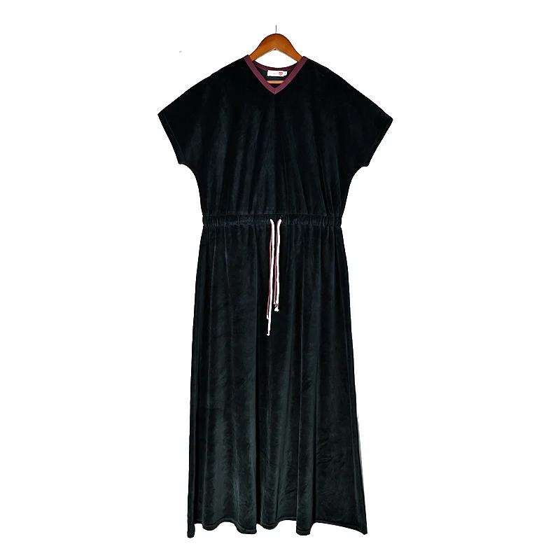 

Shabbos teen/woman dress winter robe short sleeves clothing waist 2 cord strings girls black velour dress sizes XS-XXXL
