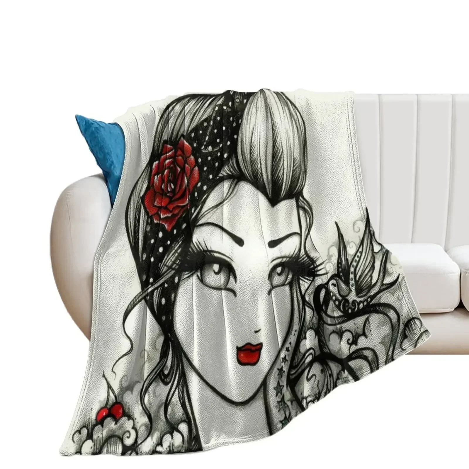 

Tattooed Pin-up Girl Greyscale with a Pop of Color Fantasy Art Throw Blanket Decorative Beds Thermal Blankets