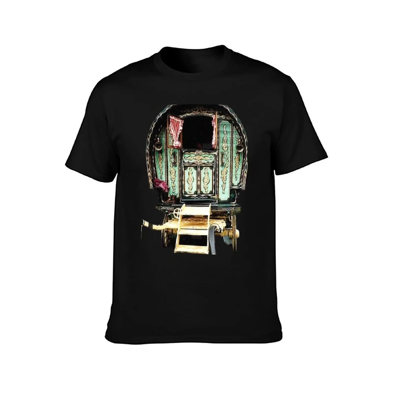 vardo gipsy wagon T-Shirt, Summer Casual Cotton Tee, Oversized Streetwear Tops, Vintage Graphic Print, Loose Fit Short Sleeve