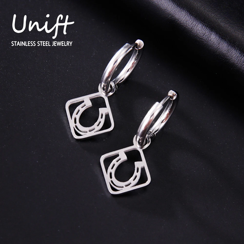 Unift Tiny Horseshoes Hoop Earrings for Women Stainless Steel Rhombus Earrings Fashion Sporty Cowboy Horse Girl Jewelry Gift