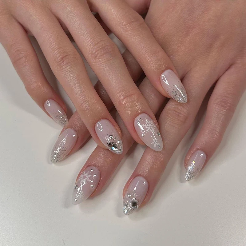 24Pcs French Glitter Christmas Press on Nail Snowflake Glitter Diamond Nude Color False Nails for Women&Girl Removable Nail