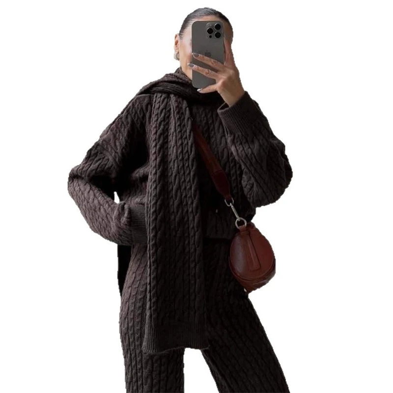 تريكو سترة 2 قطعة مجموعة السراويل النسائية وتتسابق للنساء الياقة المدورة مضلع فضفاض البلوز ومجموعات السراويل واسعة الساق