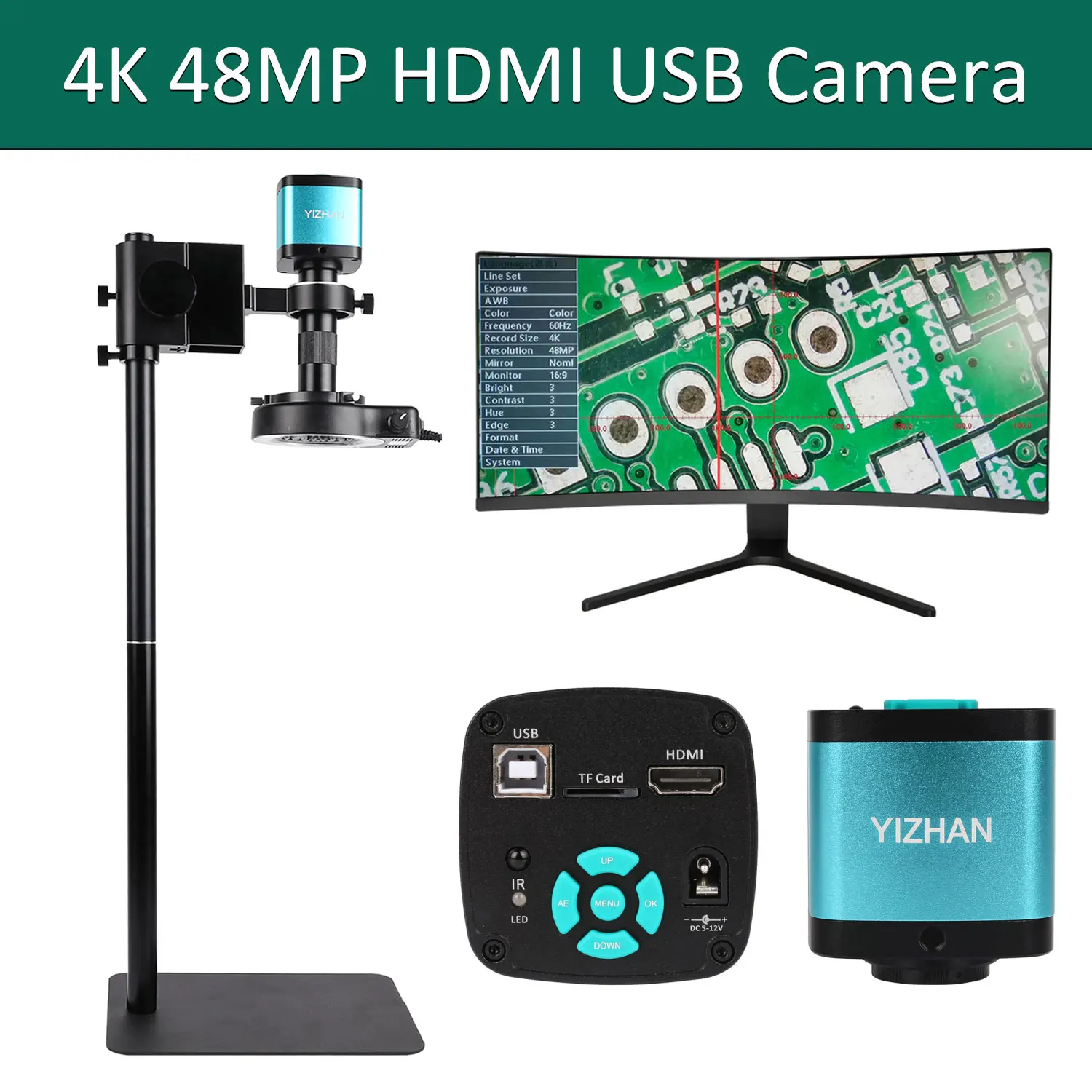 

48MP 4K Digital Video Monocular Microscope Camera HDMI USB Optional Zoom 130X 150X 180X C-Mount Lens Suit PCB Soldering Repair