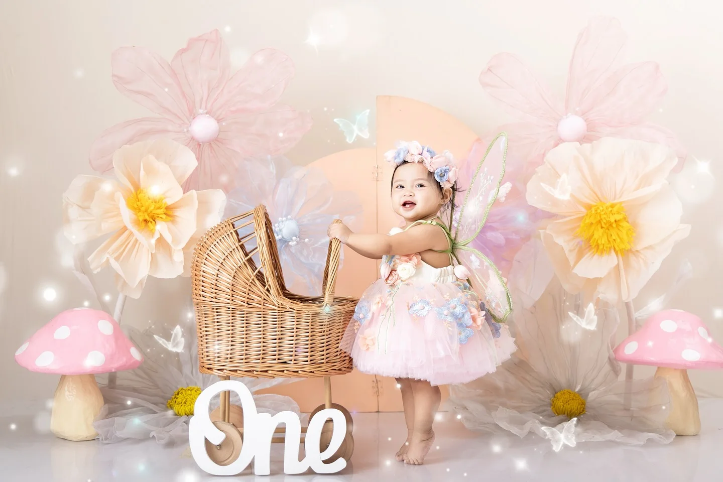 Fairy Pastel Organza Flower Mushroom Birthday Cake Smash Backdrop Baby Girl Newborn Photography Background view 2