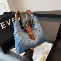 Niche Casual Patchwork Washed Denim Bag Women's Large Capacity Vintage Fashion Underarm Bags Commuter Single Shoulder Tote Pack