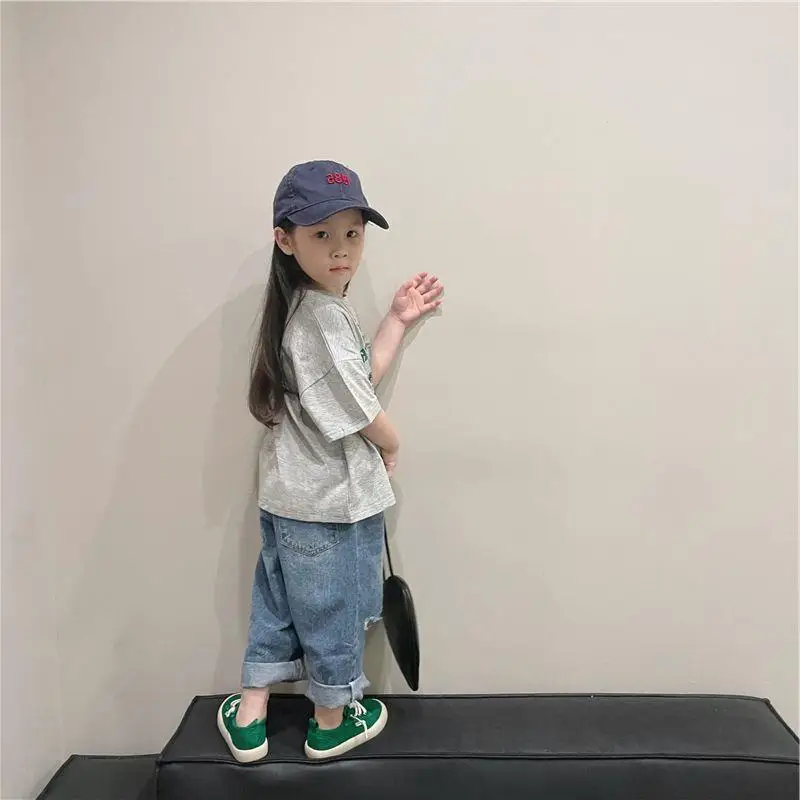 Korean Style Spring Autumn Baby Boys Girls Jeans Denim Torn Pants Loose Trousers Sweatpants Kids Clothes