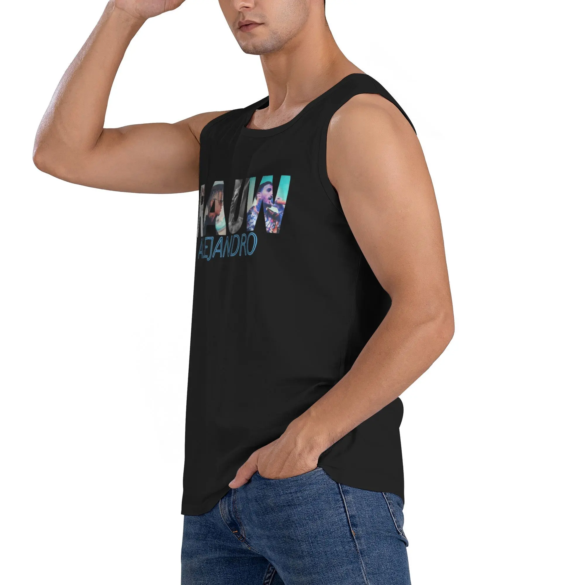سترات Rapper Rauw Alejandro Tank Top للرجال بنمط يومي لكمال الأجسام سترات عصرية كبيرة الحجم بدون أكمام #4
