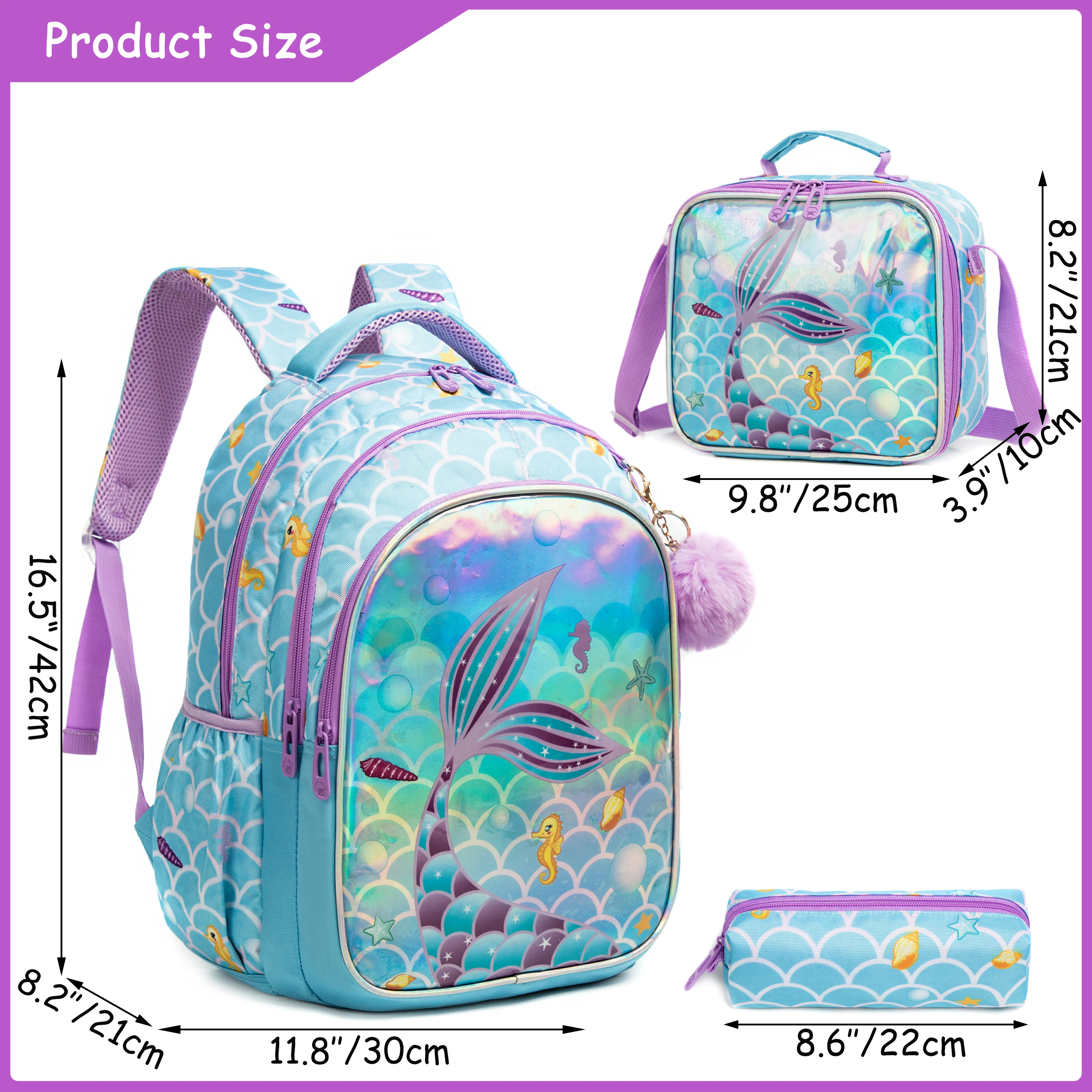 Meetbelify Cute  Blue Mermaid Backpacks   for Girls  Elementary Kindergarten Students with Lunchbag and Penbag