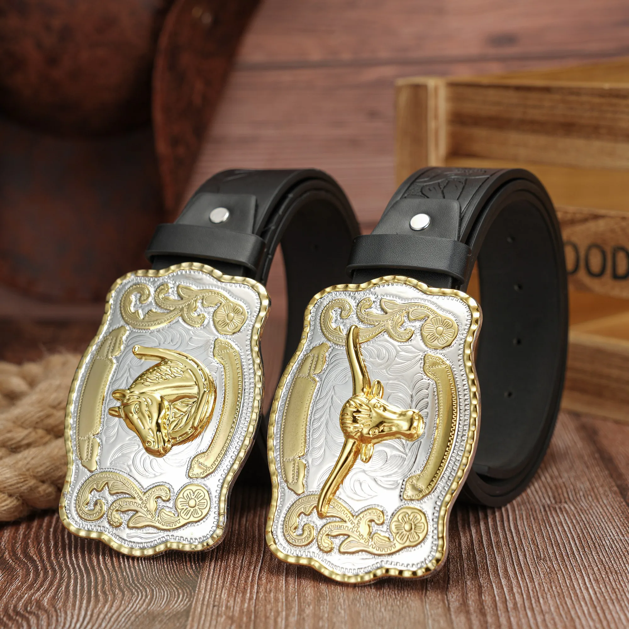 مشبك على شكل ثور وحصان منقوش ثلاثي الأبعاد بلونين، حزام منقوش من البولي يوريثان عتيق وفاخر، حزام للجنسين #1