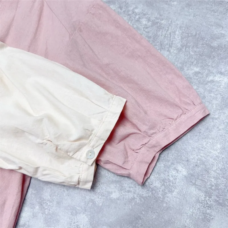 Johnature Japońska Sukienka Koszulowa z Bawełny i Lnu z Falbankami przy Kołnierzu, Letnia Nowa Sukienka z Krótkim Rękawem, Luźna, Codzienna, w Jednolitym Kolorze, Prosta Sukienka Koszulowa Damska