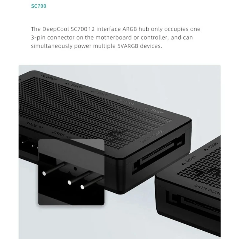 Deepcool SC700 A-RGB Hub de ventilador, concentrador de ventilador ARGB de 12 puertos 5V 3 pines, diseño de plano posterior magnético, adecuado para 5V 3 pines, alimentado por SATA
