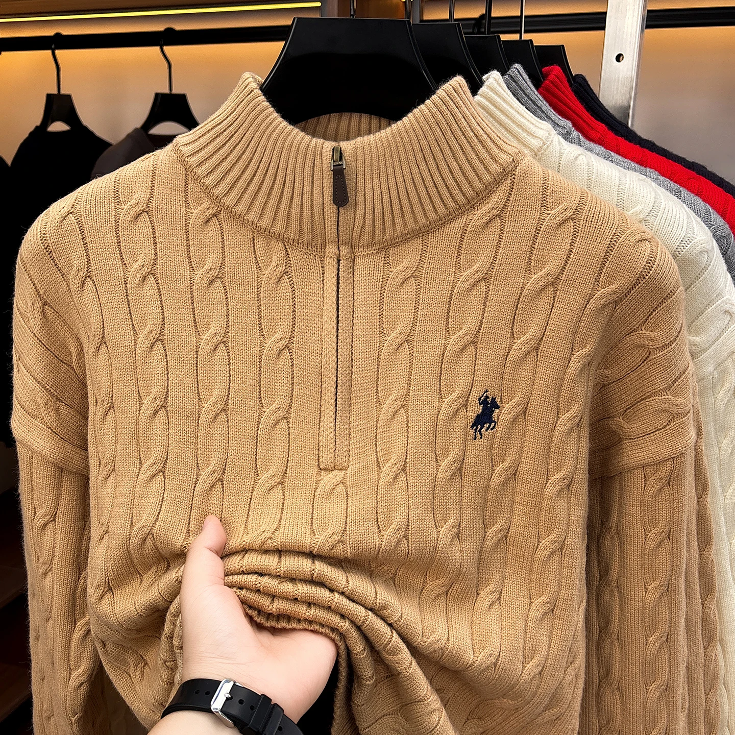 Men's Zipper Mock Neck Sweater Winter New Classic Paul Pony Embroidery Luxury Brand Fashion Leisure Jacquard Knitted Pullover