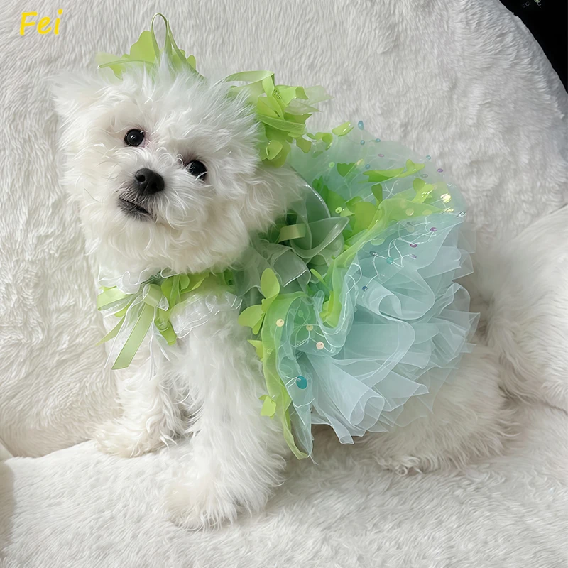 

Luxury Handmade Green Pet Dog Clothes 2025 New Fahion Sequin Embroidery Flower Party Dress For Small Medium Dog Chihuahua Poodle
