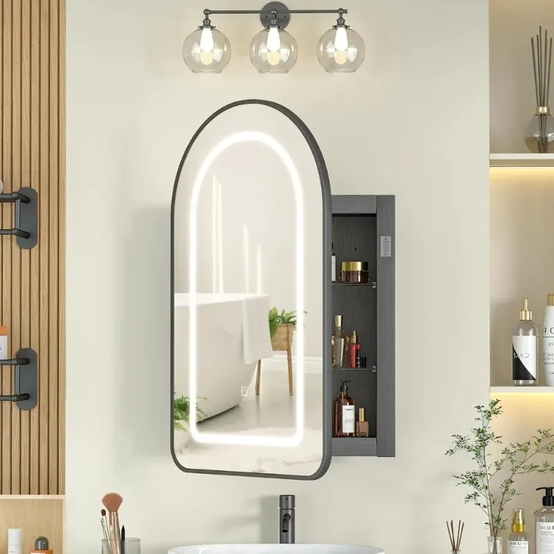 16x26 Recessed Medicine Cabinet with Lights, Brushed Black Arched Medicine Cabinet with Mirror for Bathroom,3-Color Lighted