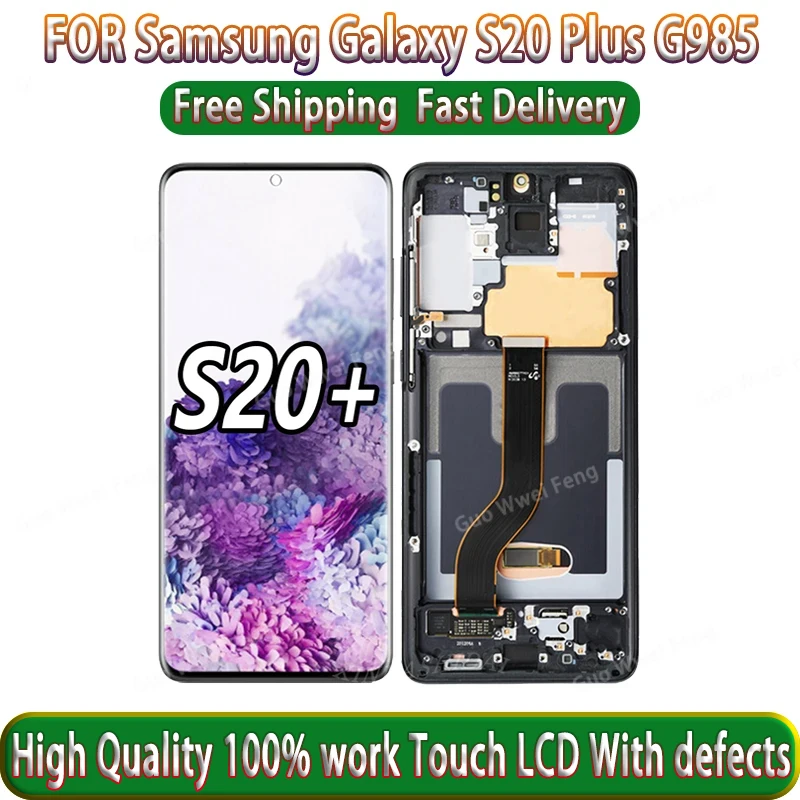 100% pruebas G985F LCD para Samsung Galaxy S20 Plus LCD con marco S20 + SM-G985A G985U G985F/DS pantalla táctil con línea puntual